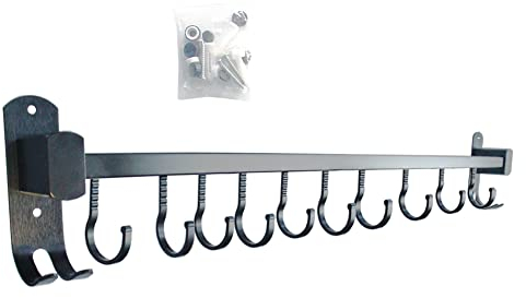 Hoopever 600mm Kitchen Utensil Rack, Kitchen Rail Pan Hanger with 10 Sliding Hooks, Aluminum Bathroom Towel Holder Wall Mounted Hanger No Drill Organizer for Hanging Knives, Pot, Bag, Black