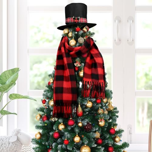 Liitrsh 2 Stück Weihnachtsbaumspitze Schneemannhut Plaid Schal Baumspitze Dekorationen Schneemann Zylinder Hut mit kariertem rotem Band und Mistelzweig Stechpalme und Beere für Weihnachtsbaumschmuck