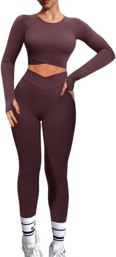 Navneet Sport Set Damen Gym Workout Set Lang Sportset Outfit Fitness Set Langarm Rückenfrei Oberteil Scrunch Leggings V Waist Leggings Zweiteiler Braun S