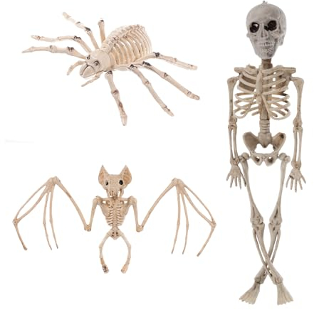 MILAIUN Halloween Skelett Dekorationen mit beweglichen Gelenken, gruselige Fledermaus-Skelett, simulierte Spinne, Halloween Requisiten Scary Tier Skelett für Halloween Dekoration 3pcs Set