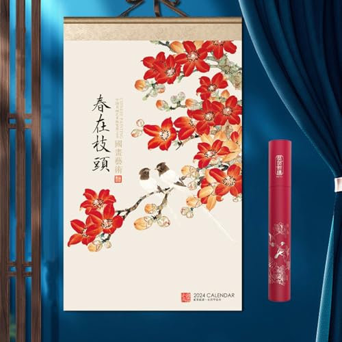 Calendrier mural 2024 Dragon du vent chinois, calendrier mensuel traditionnel chinois style rouleau en papier de riz bonne chance cadeaux de prospérité(E,53 * 88cm)