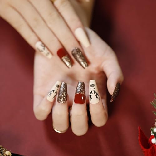 Rosarden Christmas False Nails Long - 24Pcs Press on Nails - Glitter Red Gold Fake Nails with Christmas Elk - Xmas Full Cover Acrylic False Nails with Glue for Women Girls