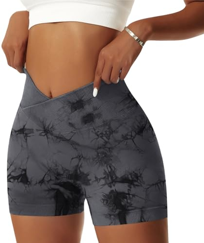 Vertvie Damen Gym Shorts V Cross Stretch Push Up Yoga Shorts Booty Scrunch Fitness Hosen Kurz High Waist Nahtlos Workout Sportshorts Butt Lift Kurze Leggings Sommer (Tie Dye Schwarz, M)