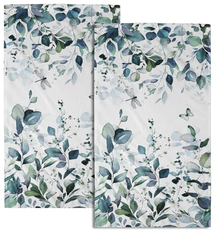 Handtücher mit dunkeltürkisfarbenen Eukalyptusblättern, Frühlings-Türkis, Blau, botanische Fingerspitzen, Handtücher, Set mit 2 Stück, Aquarell, Pflanze, Schmetterling, Libelle, Küche, Geschirrtücher,