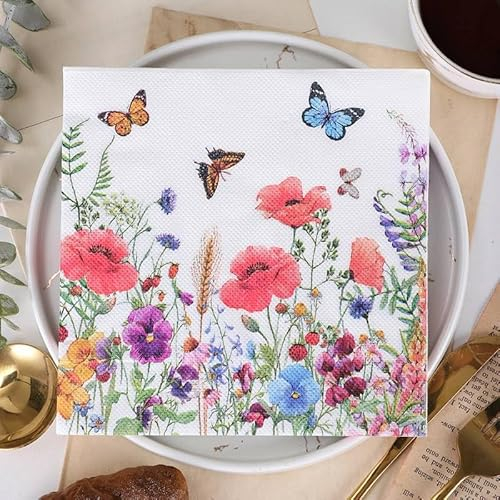 40 Stück Servietten Blumen, Hochzeitsservietten Vintage Servietten Frühling Sommer Blumenwiese Schmetterlinge Servietten Tischdekoration für Taufe Geburtstag Hochzeit Ostern