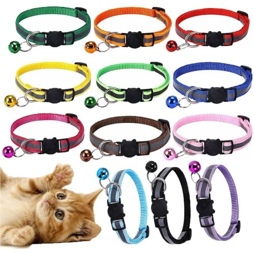 Esforzarse 12 Stück Reflektierende Katzenhalsbänder mit Glöckchen, mit Sicherheitsverschluss, 20–32,5 cm Verstellbar Kitten Halsband,Personalisiert Haustierzubehör(12 Farben)