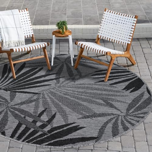 payé In- & Outdoor-Teppich - Anthrazit Grau - 120x120cm Rund - Wendeteppich - Florales Muster - Wetterbeständig für Balkon Terrasse - Indoor Teppiche Wohnzimmer Küche