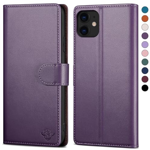 SkyDuck Leather Flip Case for iPhone 12/12 Pro with RFID Blocking, Credit Card Holder & Tempered Glass Screen Protector - Dark Purple