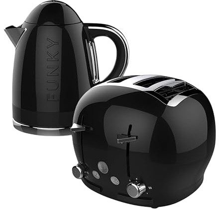 FUNKY Retro Kettle and Toaster Breakfast Set, 1.7L Easy Pour Kettle, Large Deep and Wide Toaster - Black