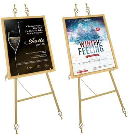 2 caballete de boda de acero, ajustable, práctico soporte para cuadros con soporte de cadena, caballete para bienvenida, cartel de boda, soporte para póster de lienzo, dorado