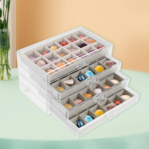 Vitrine à 72 compartiments en plastique pour enfants - Boîte de collection de cristaux - 4 tiroirs - Insert en velours - Organisateur de bijoux - Support de rangement pour boucles d'oreilles - Pour