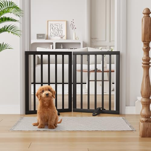 Semiocthome Bamboo Freestanding Dog Gates for Doorways, 2-Panel Indoor Puppy Gates for The House with 2 Metal Stands, 60cm(H) Folding Pet Gate for Stairs Expands Up to 94cm(W) Black