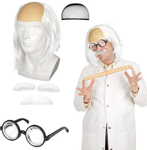 Weiss Perücke Halbglatze Einstein Professor Alter Opa Mit Bart Augenbrauen Albert Einstein Verrückter Wissenschaftler Kostüm Brille Schwarzem Rand Karneval Halloween Accessoire