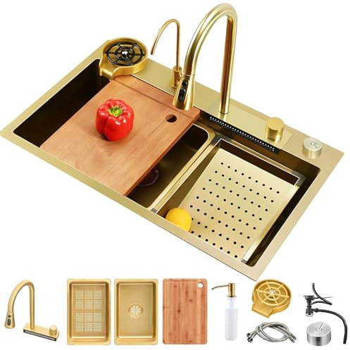 Wasserfall Spüle Mit Zubehörset Küchenspüle Edelstahl Rechteck Wie Ausziehbare Wasserhähne Multifunktionale Barspüle 1 Becken Einbauspüle 5 HahnLöcher Küchen Spülbecken(Gold,68x45cm)
