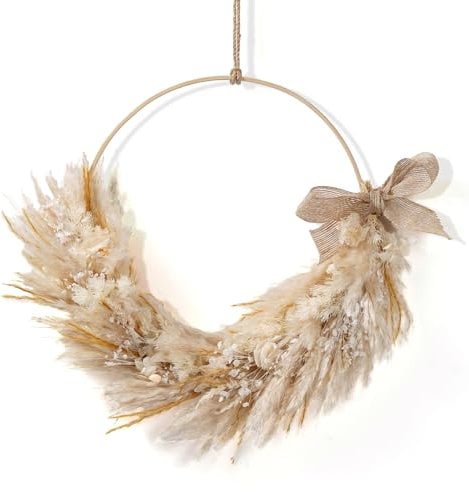 Optyuwah Trockenblumenkranz mit Holz Metallring und Juteschleife, ø30cmTrockenblumen Boho Fensterdeko Hängedeko Blumenkranz Türkranz Trockenblumenring für Wand,Tür,Fenster,Party Deko