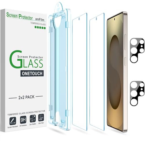 amFilm 2 Pack OneTouch Tempered Glass Screen Protector for Samsung Galaxy S25 Ultra 5G 6.9 Inch, 9H Hardness with 2 Pack Tempered Glass Camera Lens Protector and Easy Installation Kit