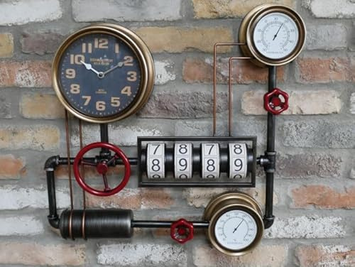 My Square Mile Industrial Steampunk Pipe Metal Gear Wall Clock with Faux Temperature Dial Display (Industrial Clock (Faux Digit Counters))