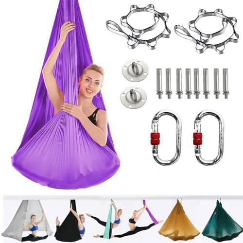Bestash Aerial Yogatuch, 5 * 2.8m Groß Yoga HäNgematte Set Aerial, Akrobatik Tuch, Yogatuch Zum AufhäNgen Inklusive VollstäNdiger Installationshardware Nur für Erwachsene (Purple)