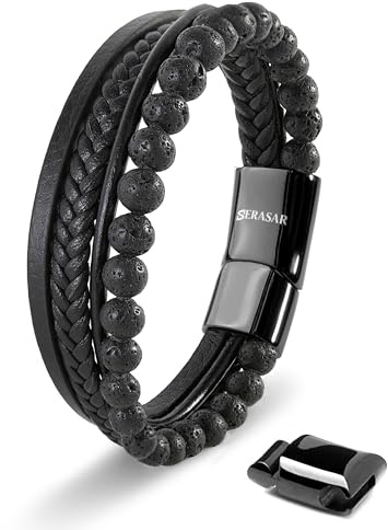 SERASAR Armbänder für Herren Leder Schwarz Armband Männer Armreif Lederband Armkette Flecht Schwarzer Onyx Lava Stein Leather Bracelet