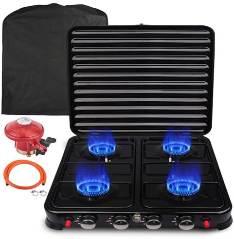 8.8KW Cocina Gas portátil 4 Fuegos Hornillo de Gas de Exterior GLP Cocina de Gas Portátil para Camping, Quemador de Gas para Acampar 48 x 48.5 x 10.5 cm (Puro Negro)