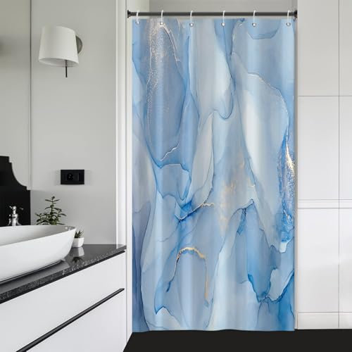 Ttincceer 90x183cm Rideau de Douche étroit marbre Bleu Clair Petite Demi-Taille stalle Rideaux de Salle de Bain Demi-étroit Camping-Car RV décor de Salle de Bain avec Crochets résistant à l'eau