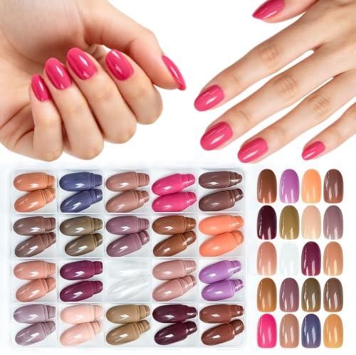 UUKILT 480pcs Warm Press on Nails Olive Round Shape Glossy 20 Solid Colors Medium Length Acrylic Nails Full Cover Women Lady for Daily