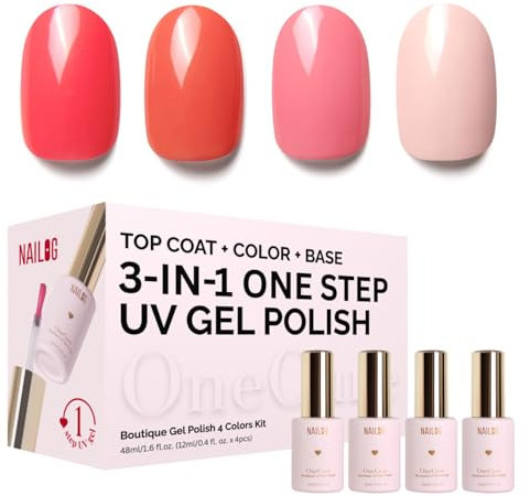 NAILOG Gel Nail Polish Set - 4 Colors Top Coat Color Gel Base 3-In-1 Soak Off UV Gel Polish Kit for Home DIY & Birthday Gifts for Women,Blush Bloom