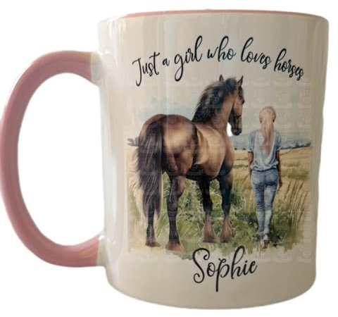 Personalised Horse Mug - Just a girl who loves horses water colour designed gift mug with blonde girl - For all occasions (Pink) Great Teacher Gift