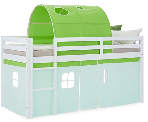 Homestyle4u Hochbett 90x200 grün Kinderbett mit Stoffumrandung Rausfallschutz Betttunnel Leiter Massivholz Kiefer