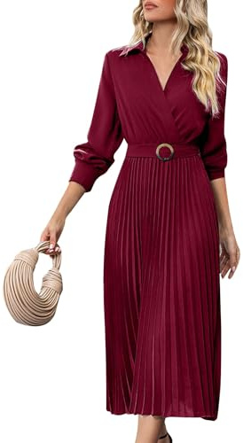 Damen Kleider Lang Elegant Langarm Faltenkleid A Linie Kleid V Ausschnitt Maxikleider Frauen mit Gürtel Maxi Hemdkleid Einfarbig Herbstkleid Festlich Plisseekleid Business Wickelkleid Party