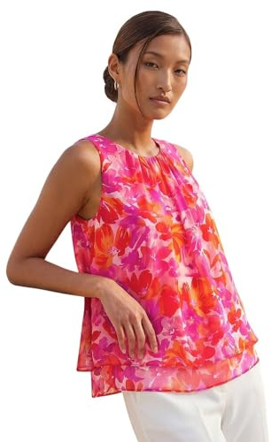 Roman Originals Floral Double Layered Pleated Top for Women UK - Ladies Everyday Holiday Spring Summer Round Neckline Comfy Soft Evening Vacation Work Party - Pink - Size 20