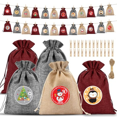 Adventskalender zum Befüllen, 24 Weihnachtskalender zum Befüllen Kinder, Säckchen zum Befüllen Adventskalender 2025, Adventssäckchen zum Selbst Befüllen Stoff Geschenksäckchen