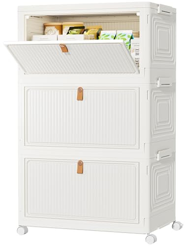 Scatole Plastica con Coperchio e Ruote, Pieghevoli, 3x33 L, Bianco Crema | Scatola Portaoggetti Pieghevole, Cassettiera Plastica, Adatto per Riporre Snack, Giocattoli, Libri, Vestiti