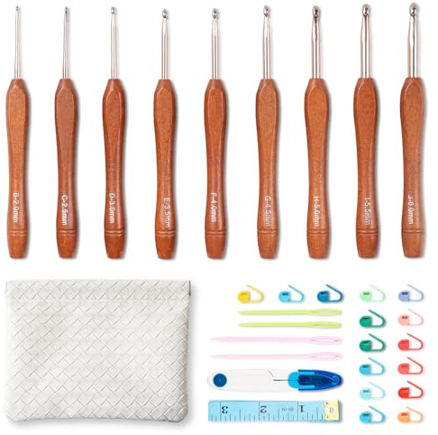 Ruidi Häkelnadel Set, 9 ergonomische Häkelnadel (2,0–6,0 mm), Häkelset für Anfänger, Komplettes Häkelset mit Häkeltasche & Zubehör, Häkelnadeln ideal für Arthrose & schwitzige Hände