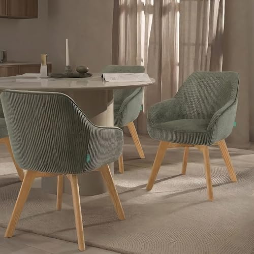 DUBI Möbel Esszimmerstühle 2er Set 360° drehbar mit Taschenfederkern, hoher Sitzkomfort, bis 150 kg belastbar, Cord-Stoff Grün, Massivholzgestell aus Eiche, klassisches Design, Modell Mika-Jara