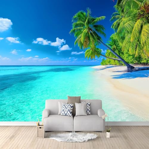 Wall Mural Photo Wallpaper Tropical Beach with Coconut Trees 350x256 cm Modern Poster Mural HD 3D Print Non-Woven Photo Wallpaper, for Living Room Bedroom Kids Room