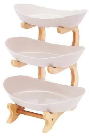 awolsrgiop 3 Stöckig Obstschale Obst Etagere, Bambus Holz Ständer mit 3 PP-Schalen, Platzsparende Etagere für Früchte, Snacks und Deko, 32cm Höhe, Schichtregal Obstkorb, Beige