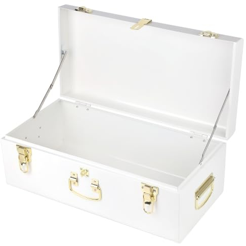HofferRuffer Metal Storage Trunk with Lockable Lid & Handles, 52.1 × 26.2 × 20.1 cm Heavy Duty Storage Chest for Bedroom, Living Room, Bedding, Blankets and Toys, White