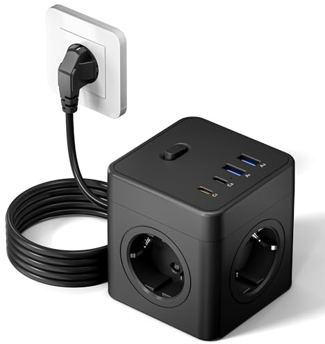 RIXGLEAM Steckdosenwürfel mit USB,8 in 1 Steckdosenleiste mit 2 USB-C (20 W), Schnellladung Mehrfachsteckdose mit Verlängerungskabel 1,5 m, Steckdosenwürfel Ohne Kabel für Zuhause/Büro/Reisen,Schwarz