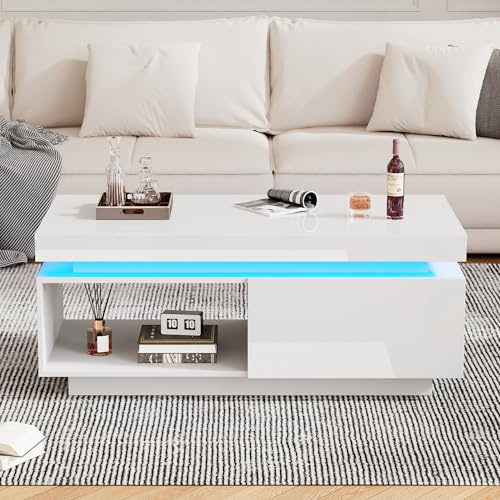 QSOST Table Basse Rectangulaire Haute Brillance LED, 2 Tiroirs Cloisonnés et Espace Semi-Ouvert, Panneau de Particules Haute Résistance, Charge 50kg, Meuble Contemporain pour Salon