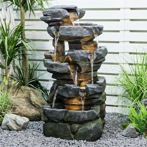 Sunlinua Grey Large 6-Tier Cascade Garden Water Feature for Outdoor – Resin Fountain with LED Light, Indoor Waterfall for Garden, Terrace and Living Room, 106cm H