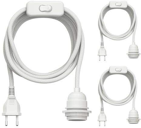 ledscom.de 3x Textilkabel LEKA, Stecker, Schalter, weiß, 3 m, Lampen-Fassung, 1x E27 max. 60W