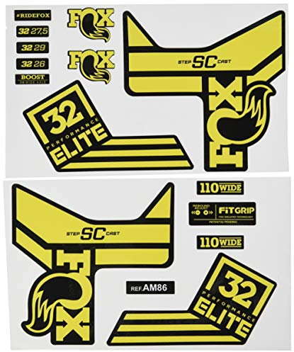Ecoshirt Aufkleber Fork Fox 32 SC Elite Performance 2017 AM86 Aufkleber Decals Autocollants Adesivi Forcela Gabel Fourche, gelb