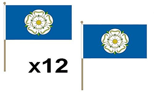 Pack Of 12 (9 x 6) New Yorkshire Rose Yorks Hand Waving Flags 30cm Wooden Pole Ideal For Party Conferences Office Display