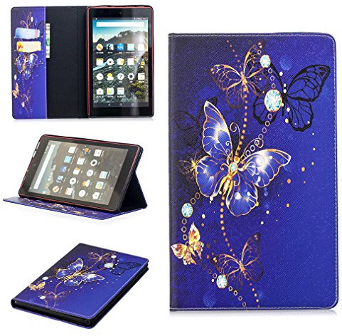LMFULM® Case for Amazon Kindle Fire HD8 2016/2017 (8.0 Inch) PU Leather Case Sleep/Wake Function Dreamy Blue Butterfly Pattern Stent Function Holster