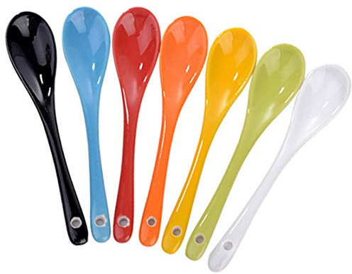 BSGP Lot de 7 cuillères à soupe en porcelaine et céramique, 12,7 cm de long, couleurs assorties, saines et respectueuses de l'environnement, parfaites pour les dîners
