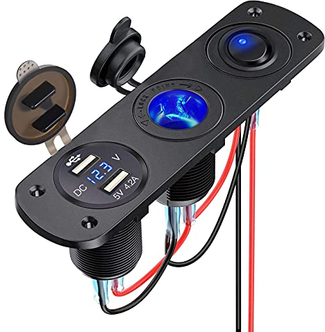Thlevel USB Car Charger Socket Panel mit Zigarettenanzünder LED Voltmeter und Unabhängigem Schalter für 12V bis 24V Fahrzeuge Boat Truck Caravan