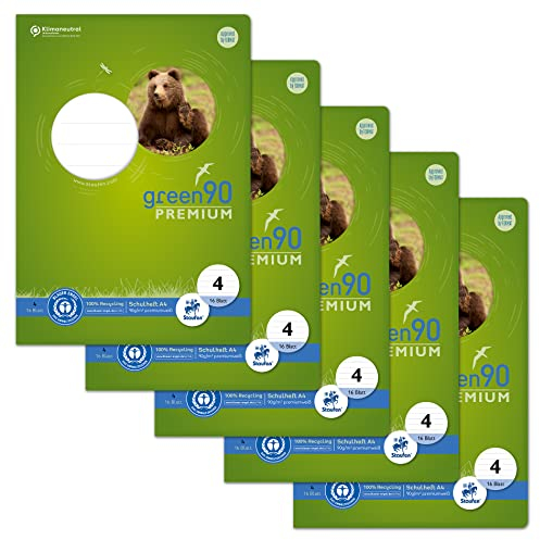 Staufen Green Heft - DIN A4, Lineatur 4 (9mm liniert), 16 Blatt, premiumweißes 90g/m² Recyclingpapier, runde Ecken verhindern „Eselsohren“, 4 verschiedene Motive (keine Auswahl möglich), 5 Stück