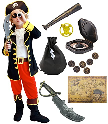 Windskids Piratenkostüm Kinder Jungen mit Augenmaske Kompass Schatzkarte Fernrohr Piraten Zubehöre Halloween Karneval Party Verkleidung Costume für Kinder Größe S-XL