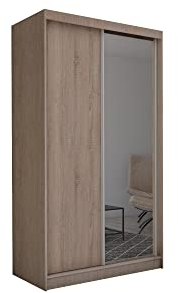 ALTDECOR Kleiderschrank mit Spiegel und Schiebetüren, kugelgelagerte Führungsschienen und Aluminium-Leisten, LED-Beleuchtung (weiß + 16 Farben) und Fernbedienung - Parti - 150 cm Braun